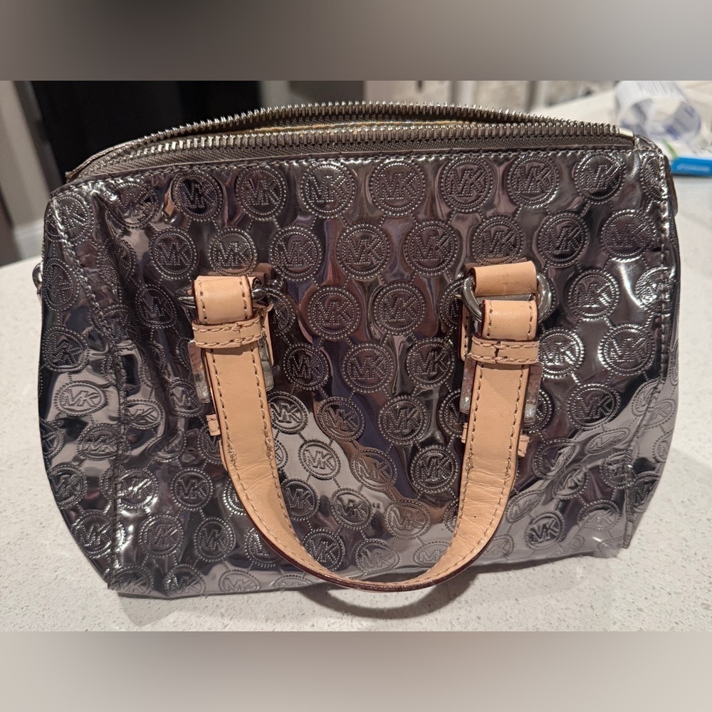Michael Kors Shiny Silver and Tan Satchel